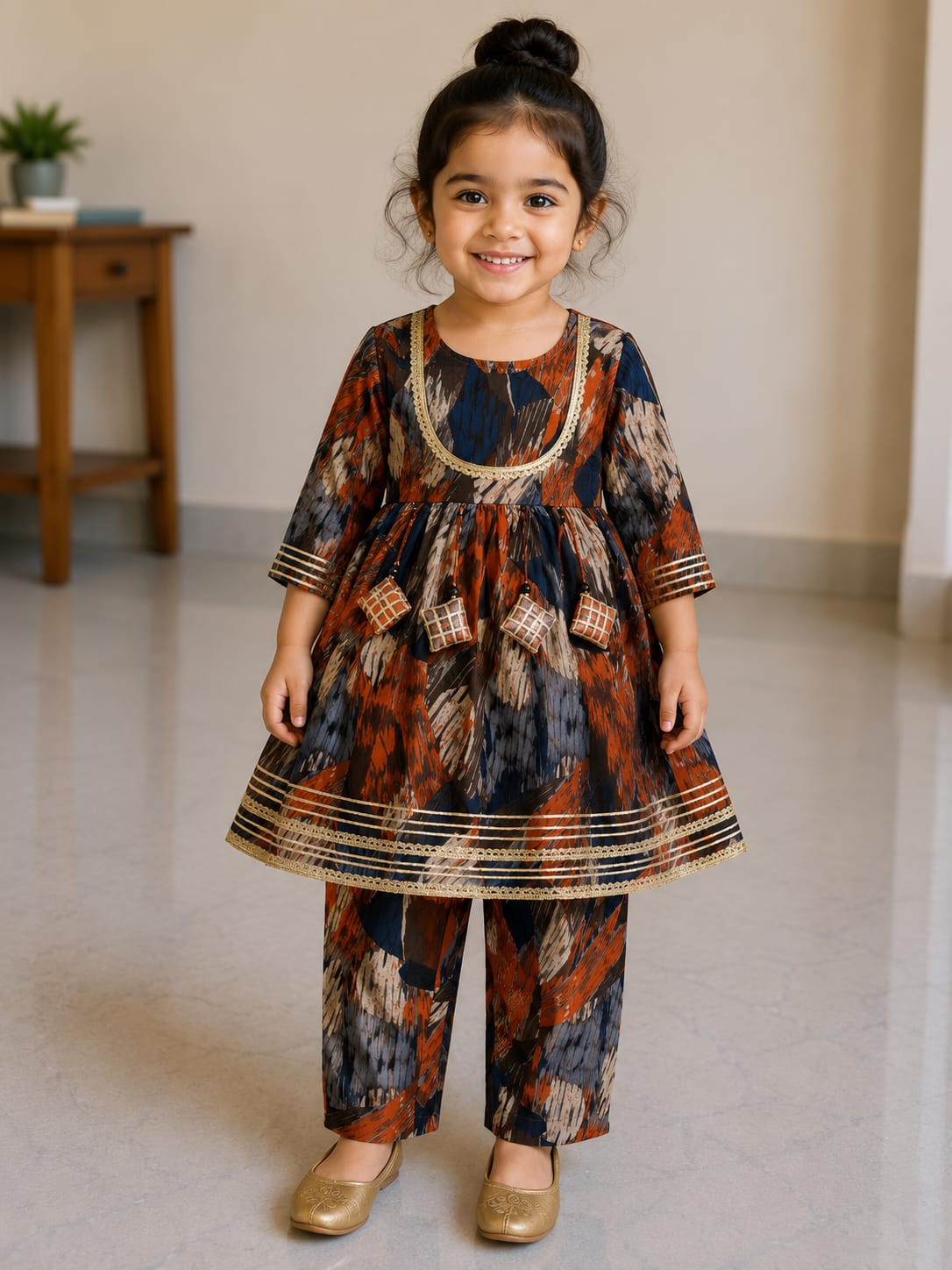 Baby Girl Multicolor Ikat Cotton printed kurta pant set