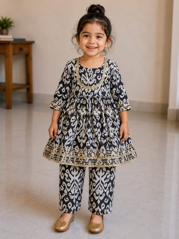 Baby Girl Black Ikat Print Cotton printed kurta pant set