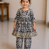 Baby Girl Black Ikat Print Cotton printed kurta pant set