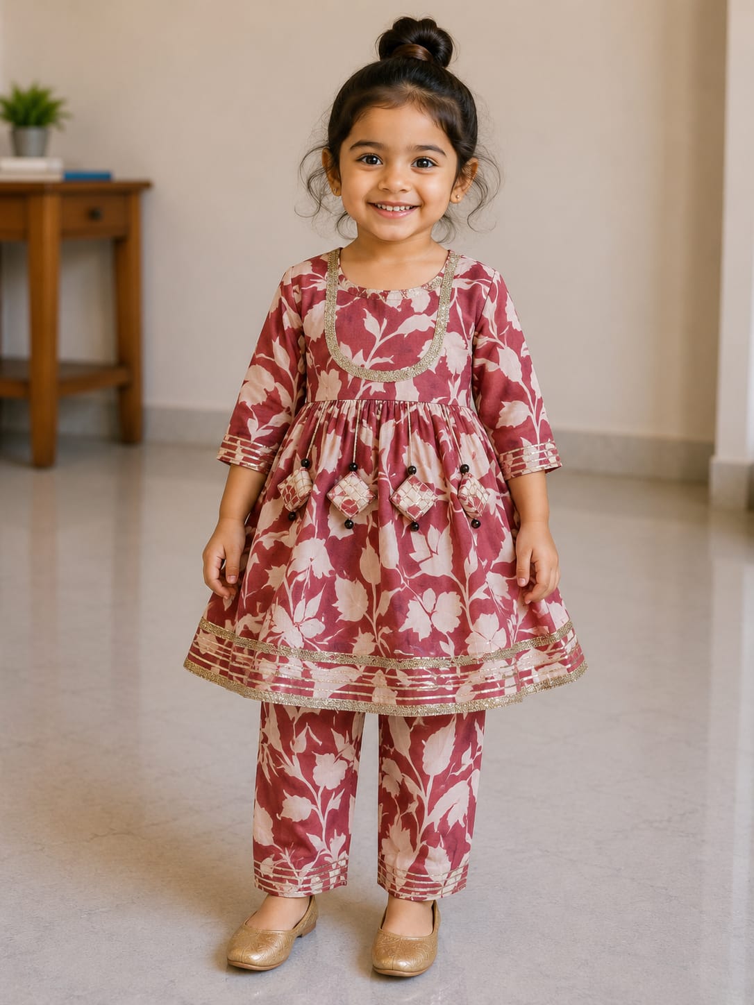 Baby Girl Floral Print Pink Cotton printed kurta pant set