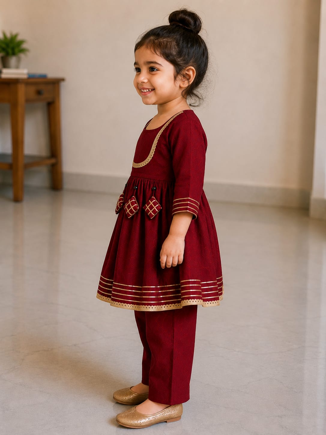 Baby Girl Maroon Rayon embroidered kurta pant set