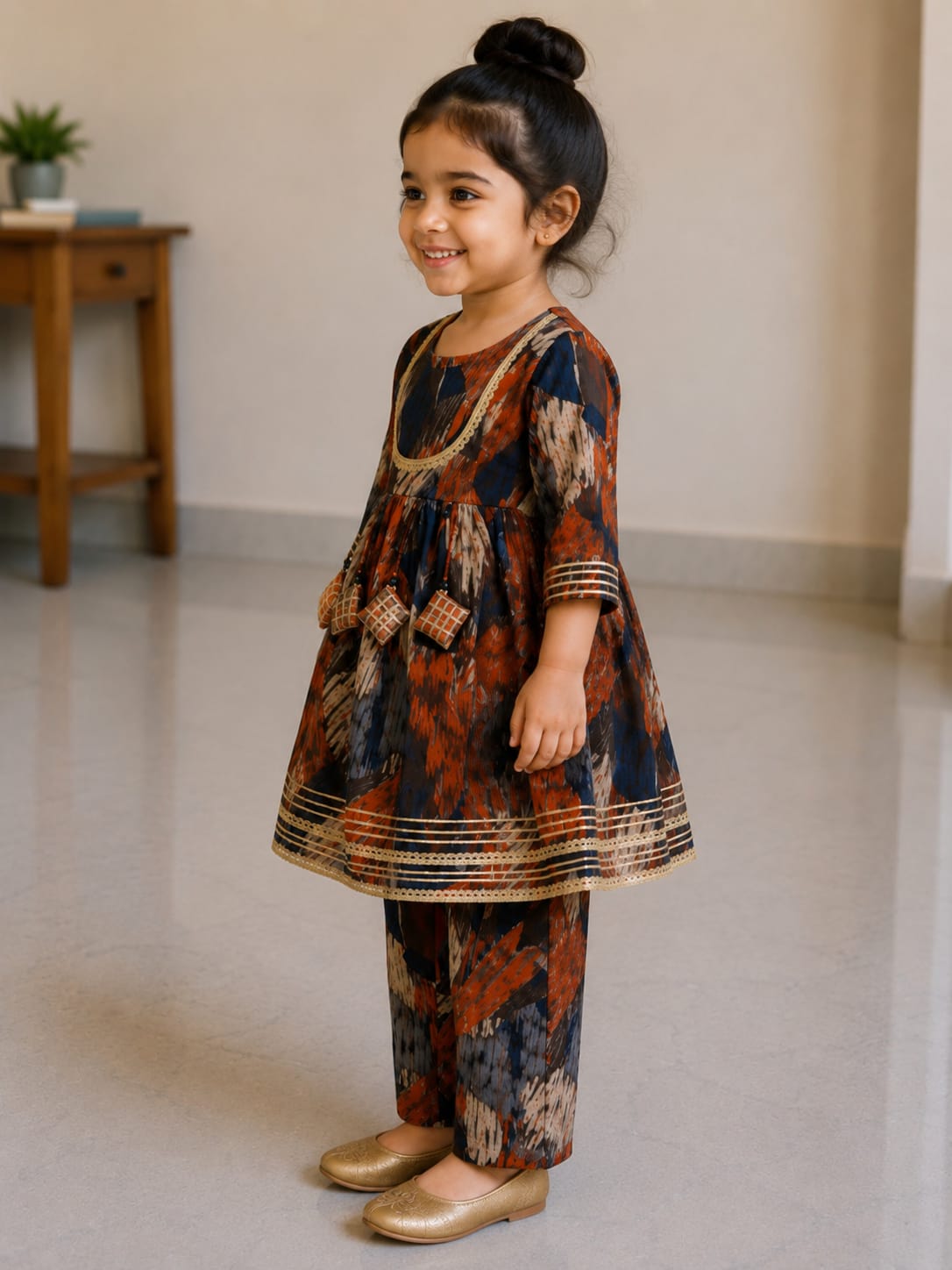 Baby Girl Multicolor Ikat Cotton printed kurta pant set