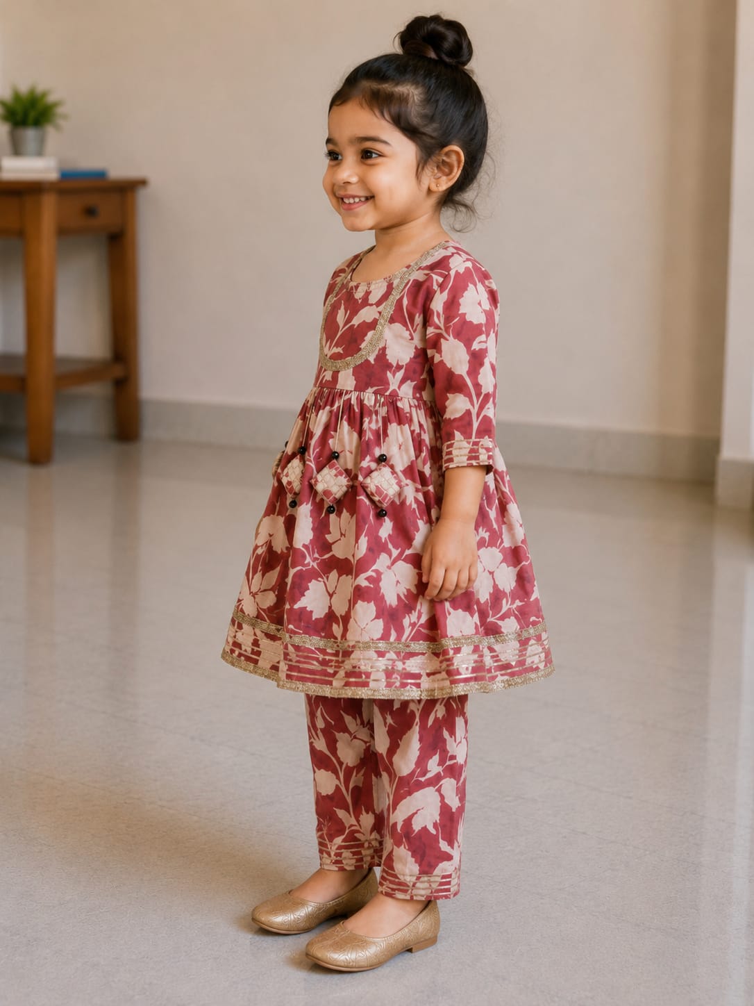 Baby Girl Floral Print Pink Cotton printed kurta pant set