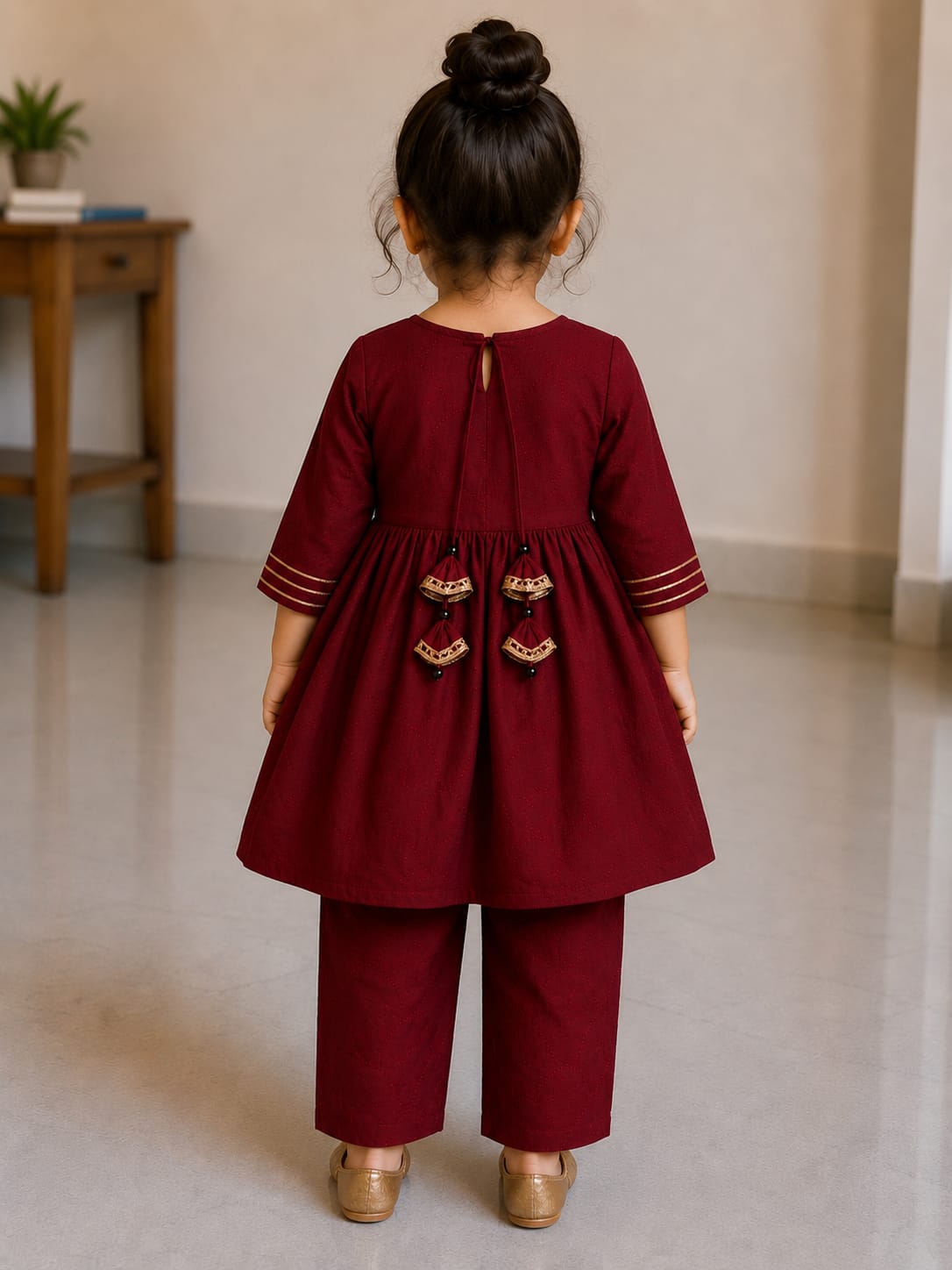 Baby Girl Maroon Rayon embroidered kurta pant set