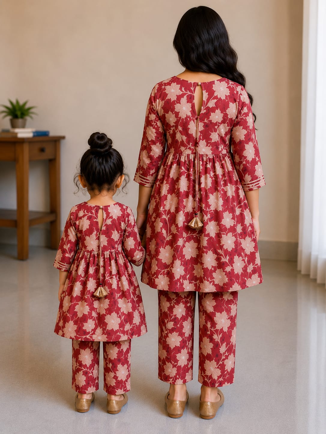 Mom & Daughter Dusty Rose Floral Rayon Kurta Pant Set