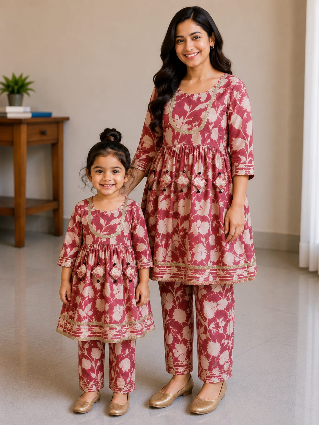 Mom & Daughter Dusty Rose Floral Rayon Kurta Pant Set