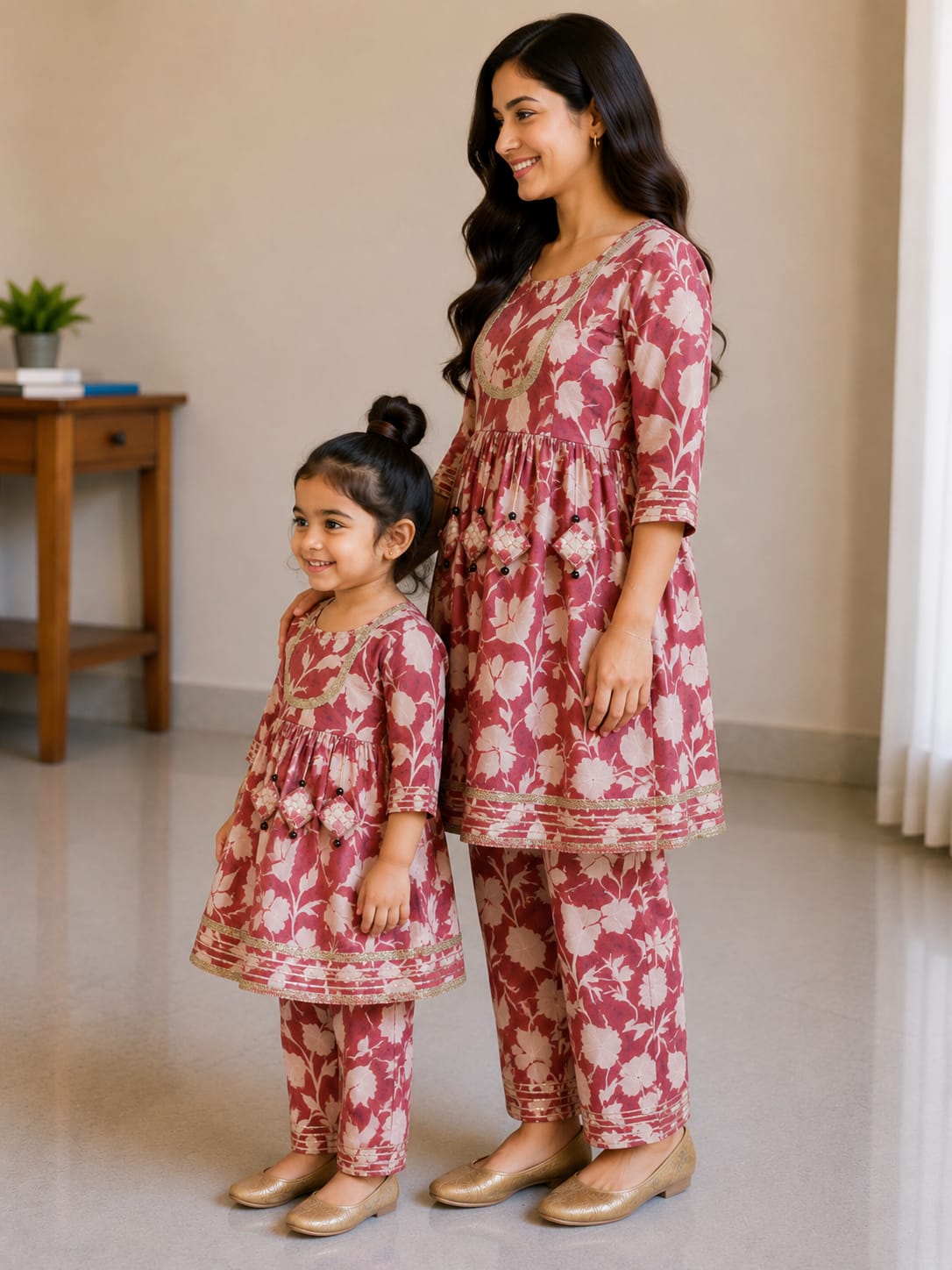 Mom & Daughter Dusty Rose Floral Rayon Kurta Pant Set