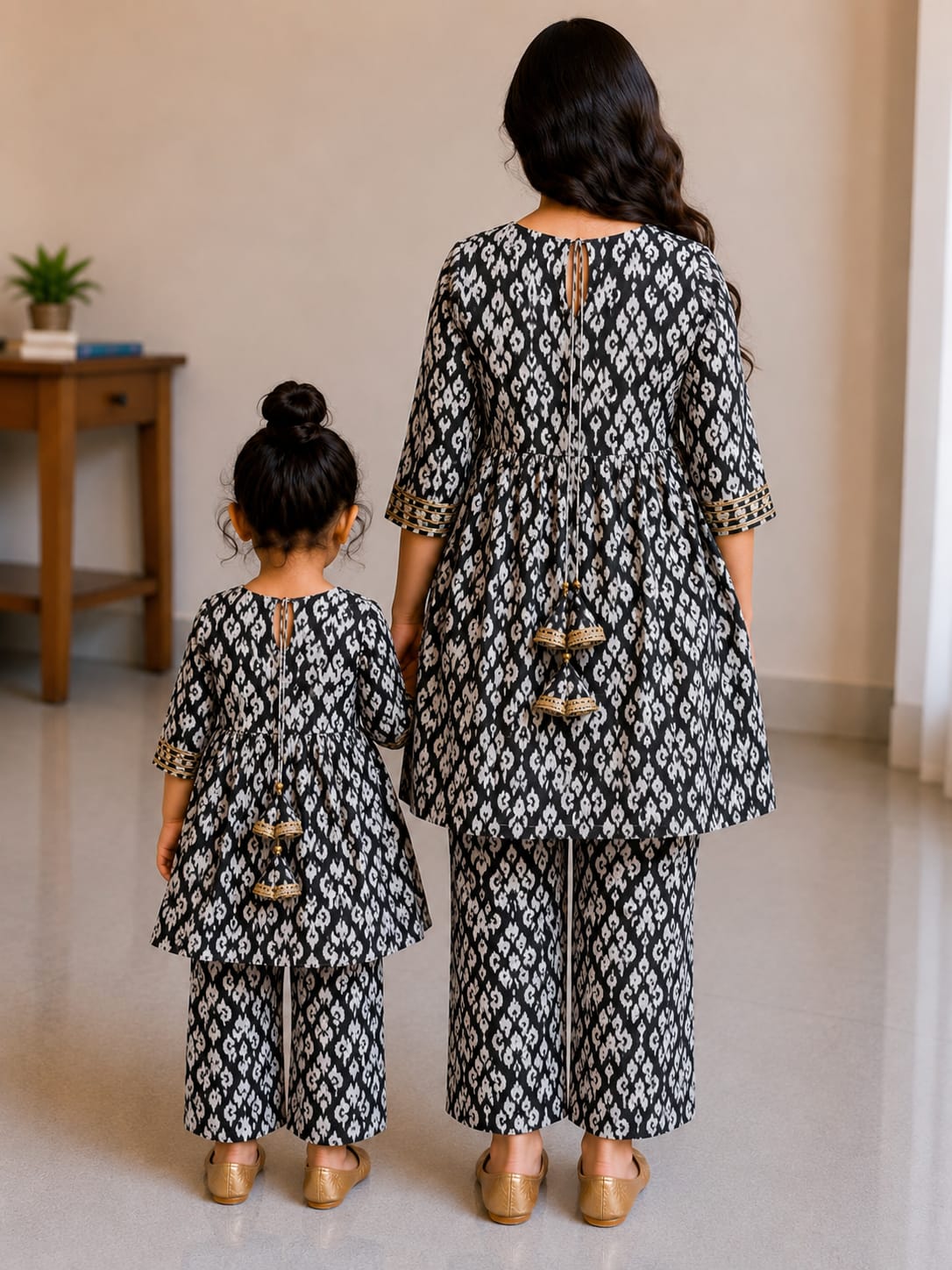 Mom & Daughter Black and White Ikat Printed Kurta Pant Set
