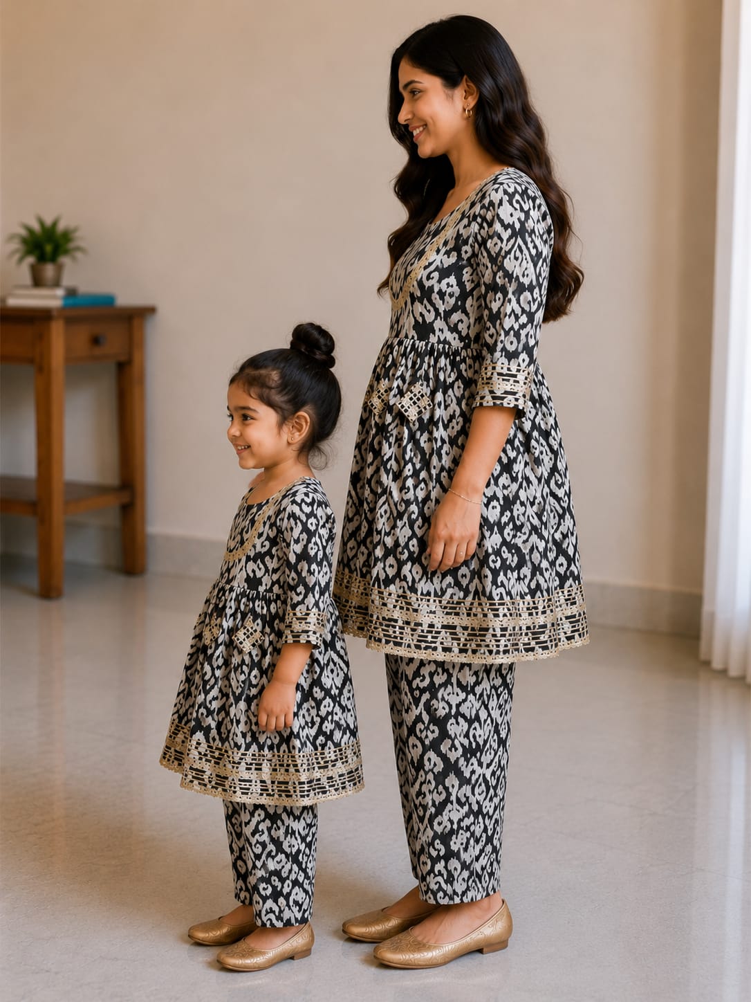 Mom & Daughter Black and White Ikat Printed Kurta Pant Set