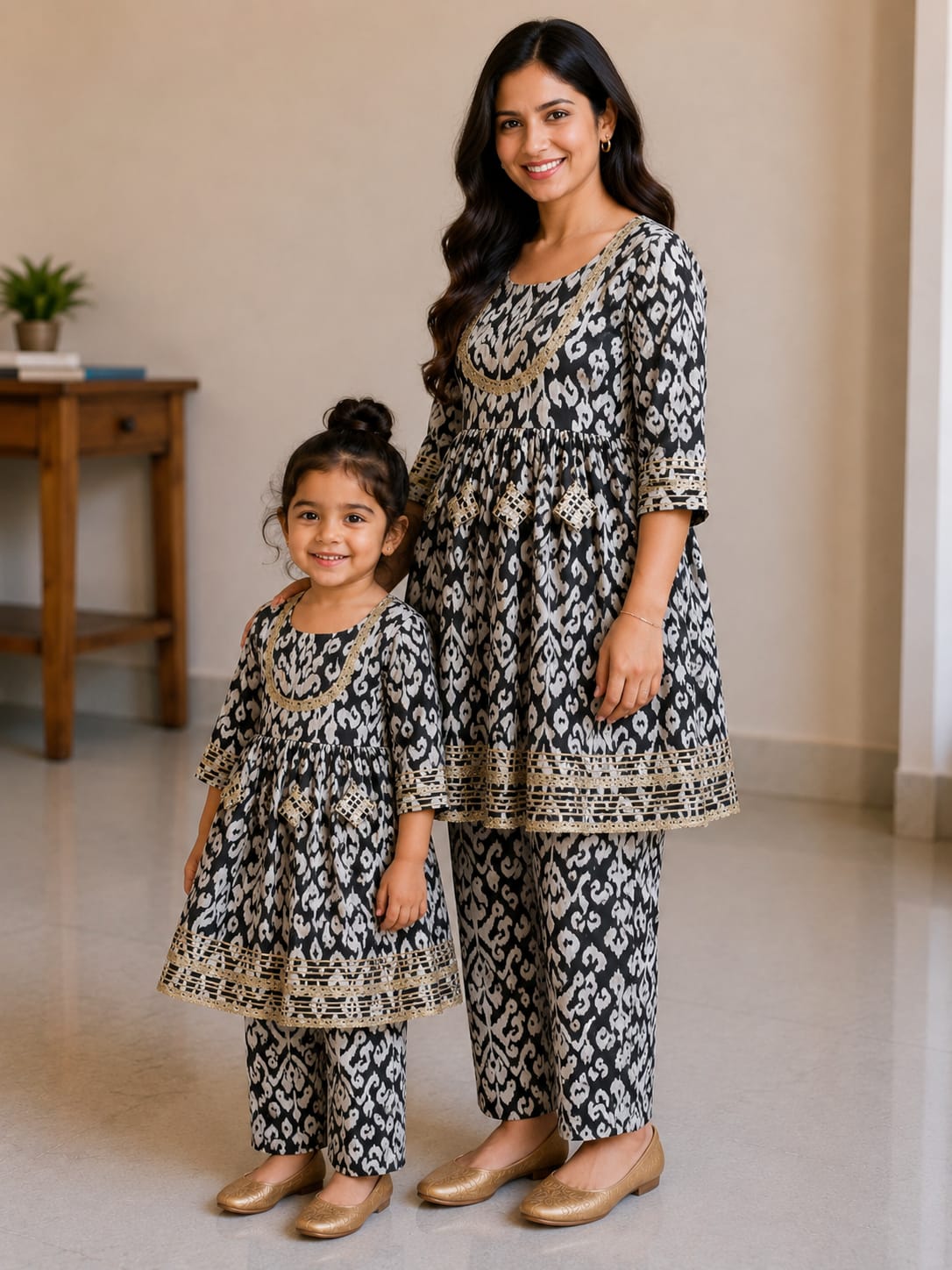 Mom & Daughter Black and White Ikat Printed Kurta Pant Set