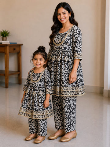 Mom & Daughter Black and White Ikat Printed Kurta Pant Set