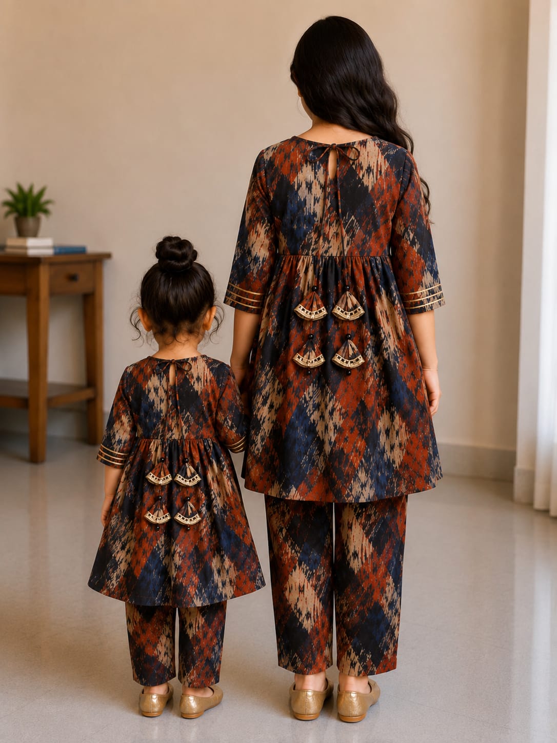 Mom & Daughter Rust Abstract Printed Kurta Pant Set