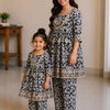 Mom & Daughter Black and White Ikat Printed Kurta Pant Set