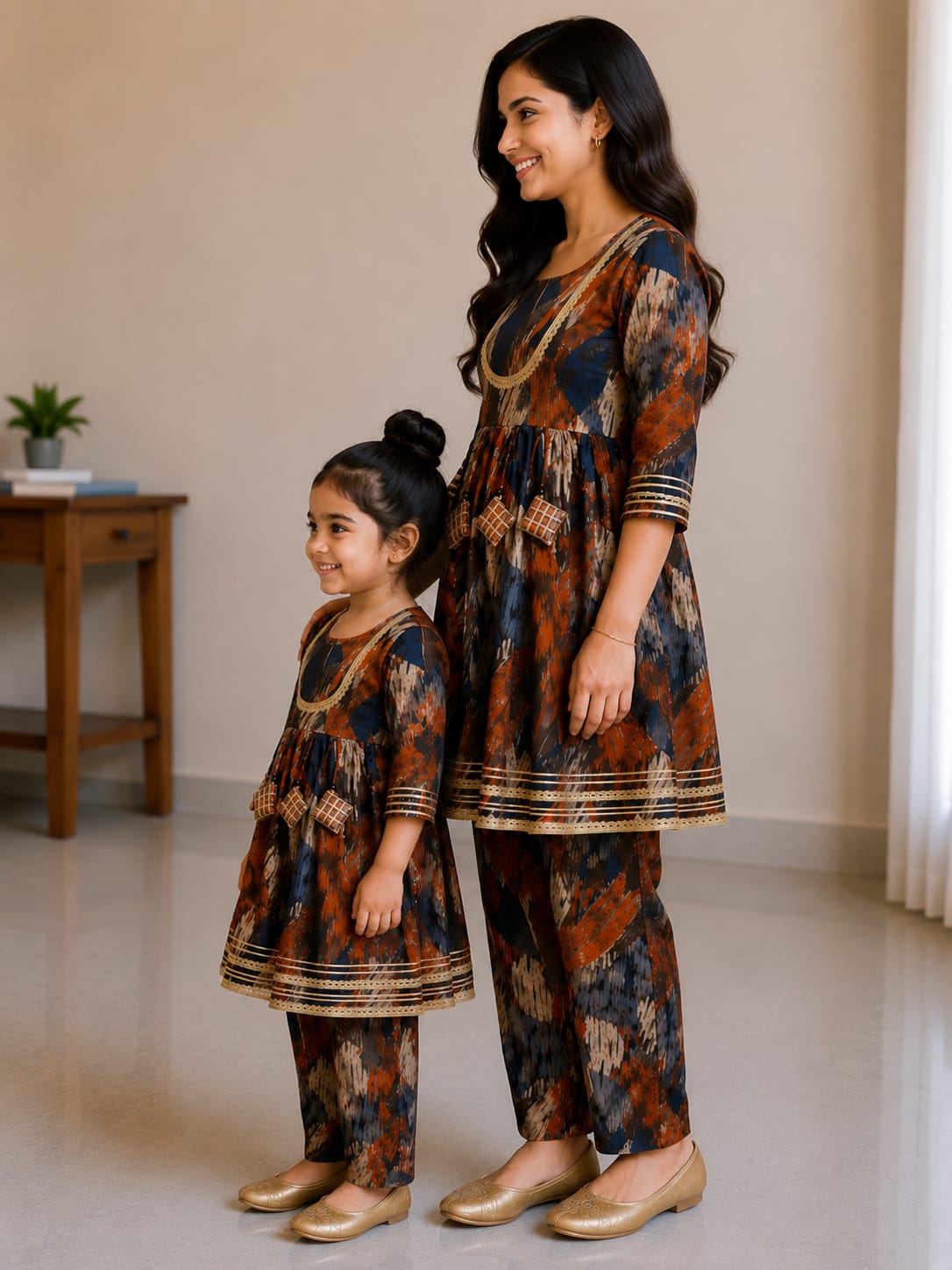 Mom & Daughter Rust Abstract Printed Kurta Pant Set