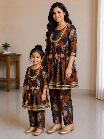 Mom & Daughter Rust Abstract Printed Kurta Pant Set