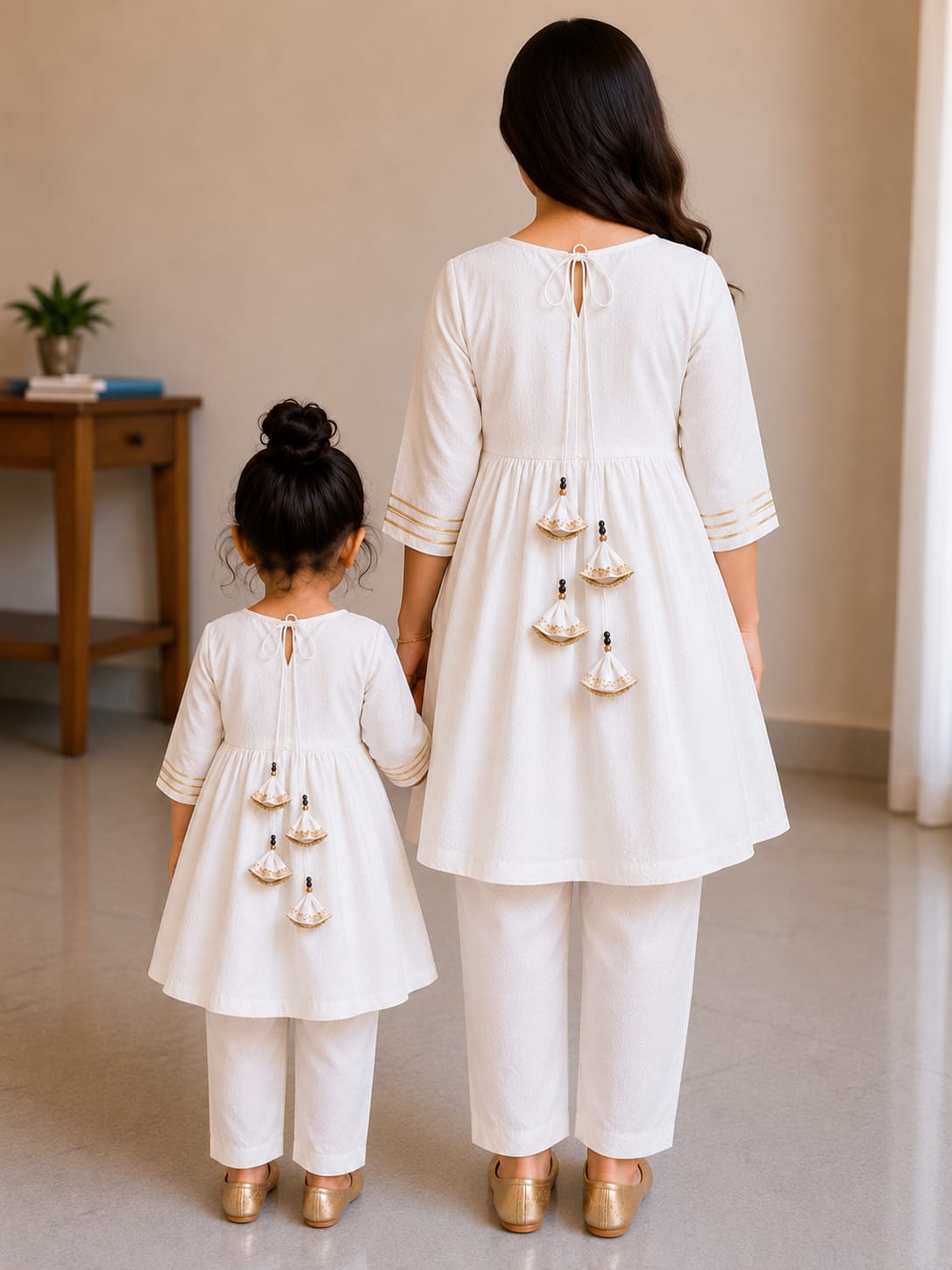 Mom & Daughter White Rayon Embroidered Kurta Pant Set