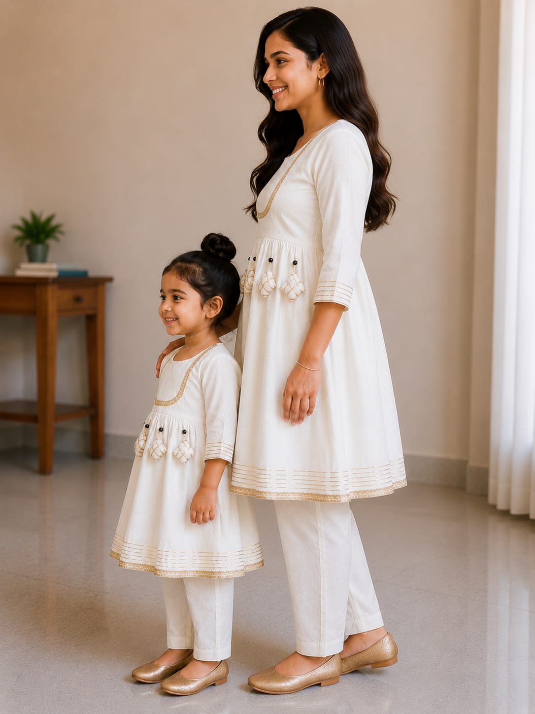 Mom & Daughter White Rayon Embroidered Kurta Pant Set