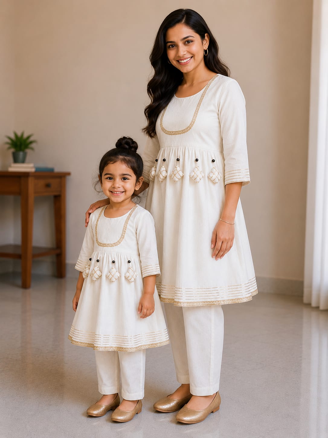 Mom & Daughter White Rayon Embroidered Kurta Pant Set