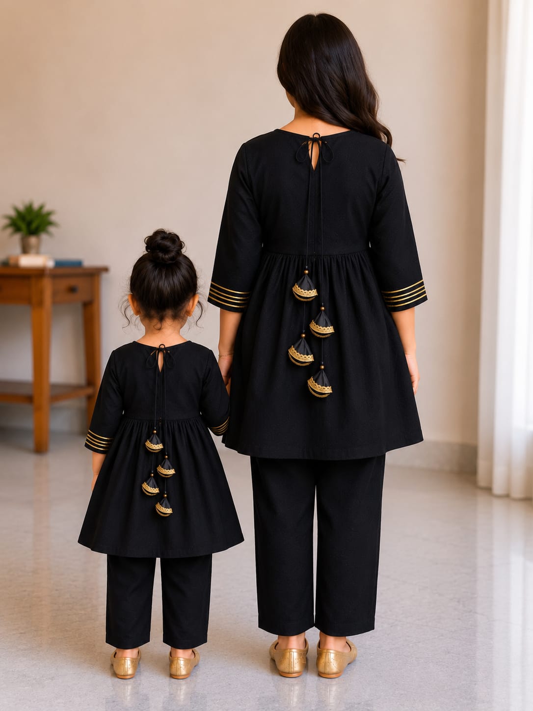Mom & Daughter Black Rayon Embroidered Kurta Pant Set