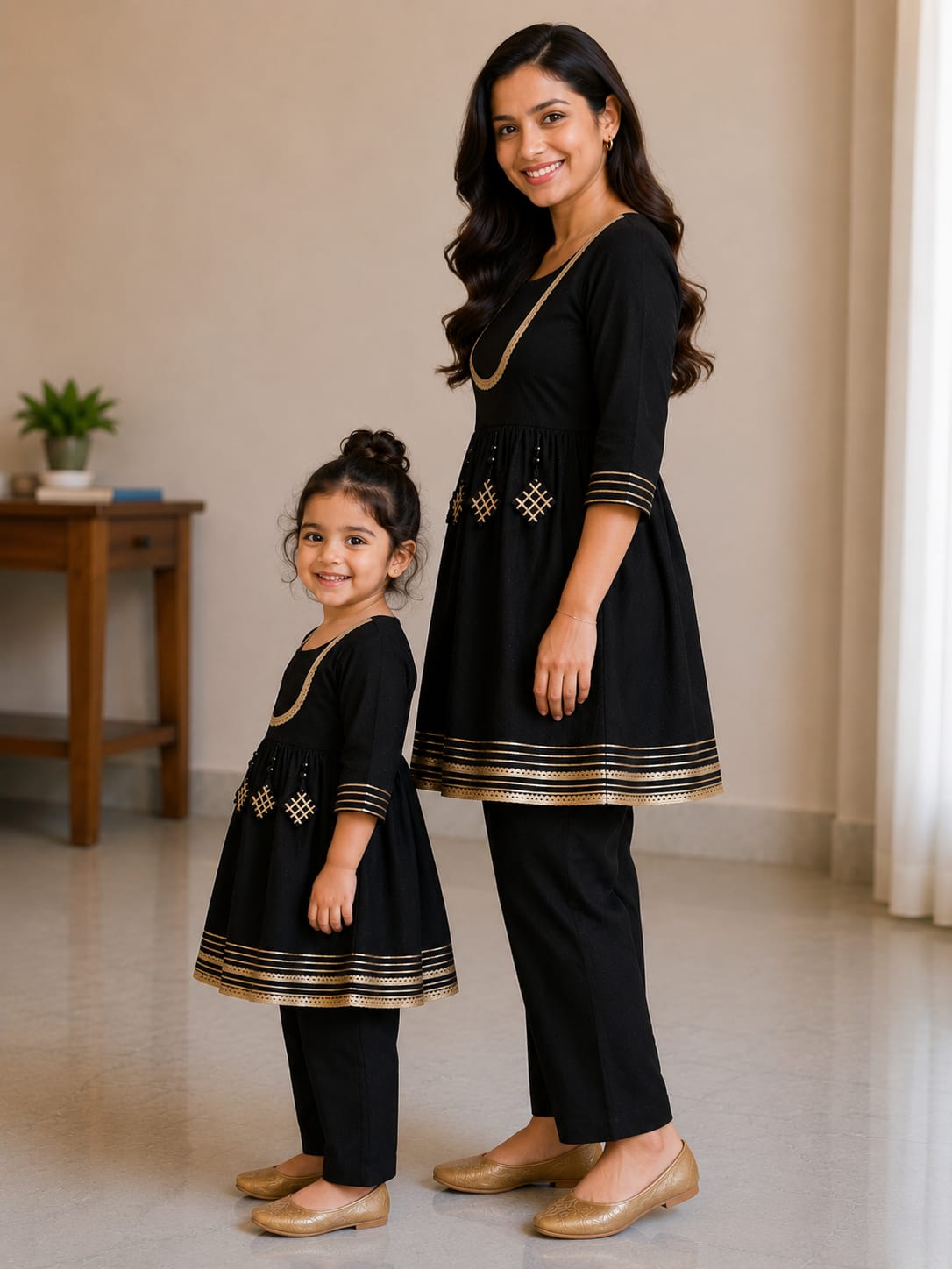 Mom & Daughter Black Rayon Embroidered Kurta Pant Set