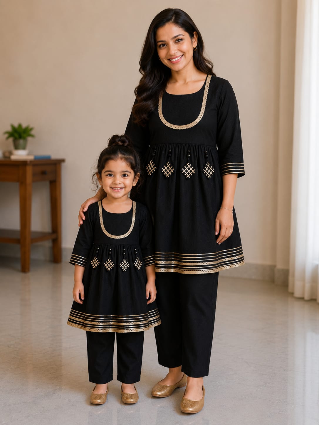 Mom & Daughter Black Rayon Embroidered Kurta Pant Set