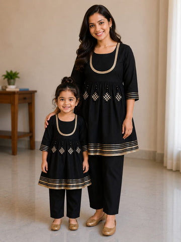 Mom & Daughter Black Rayon Embroidered Kurta Pant Set