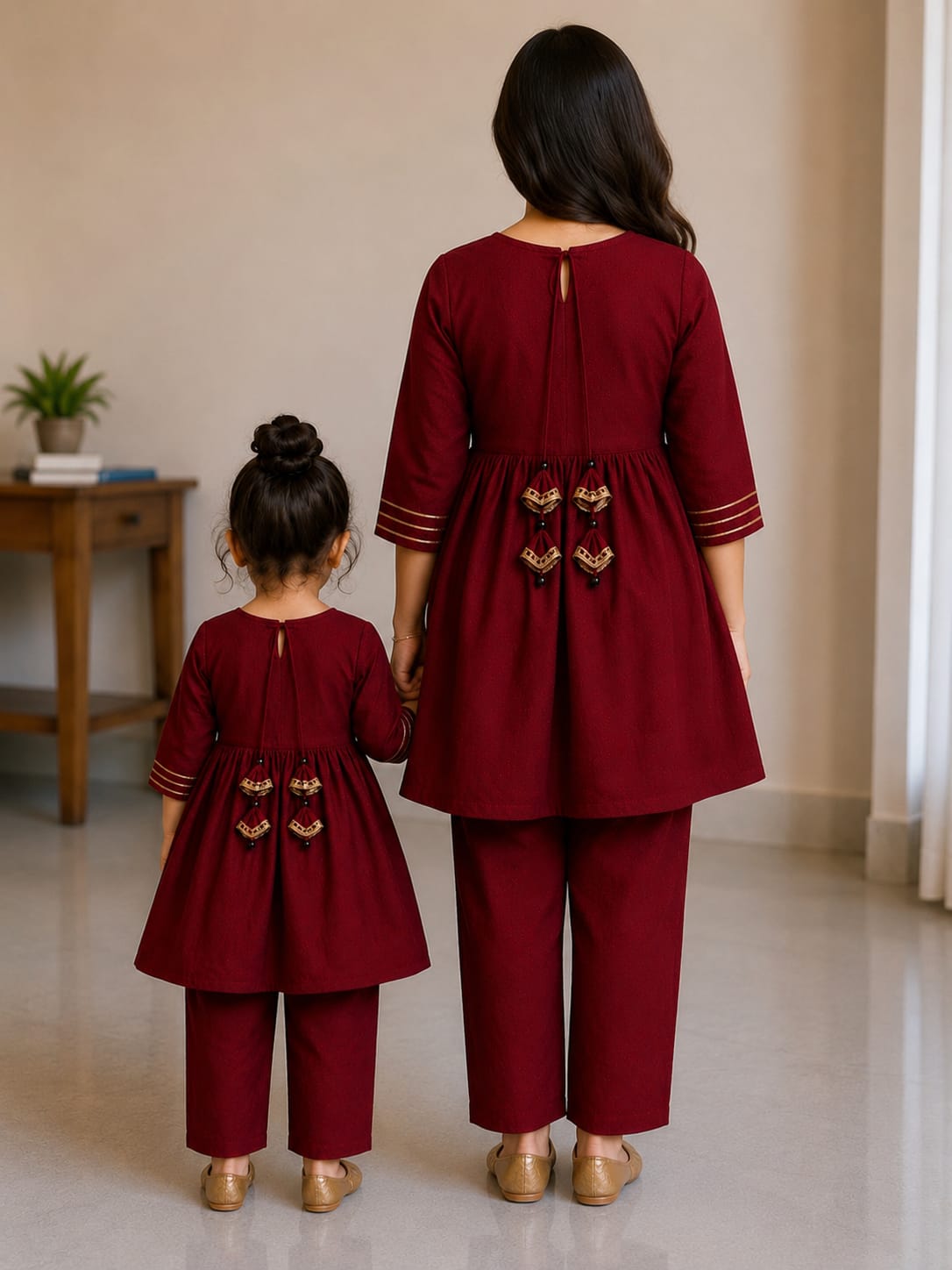 Mom & Daughter Maroon Rayon Embroidered Kurta Pant Set