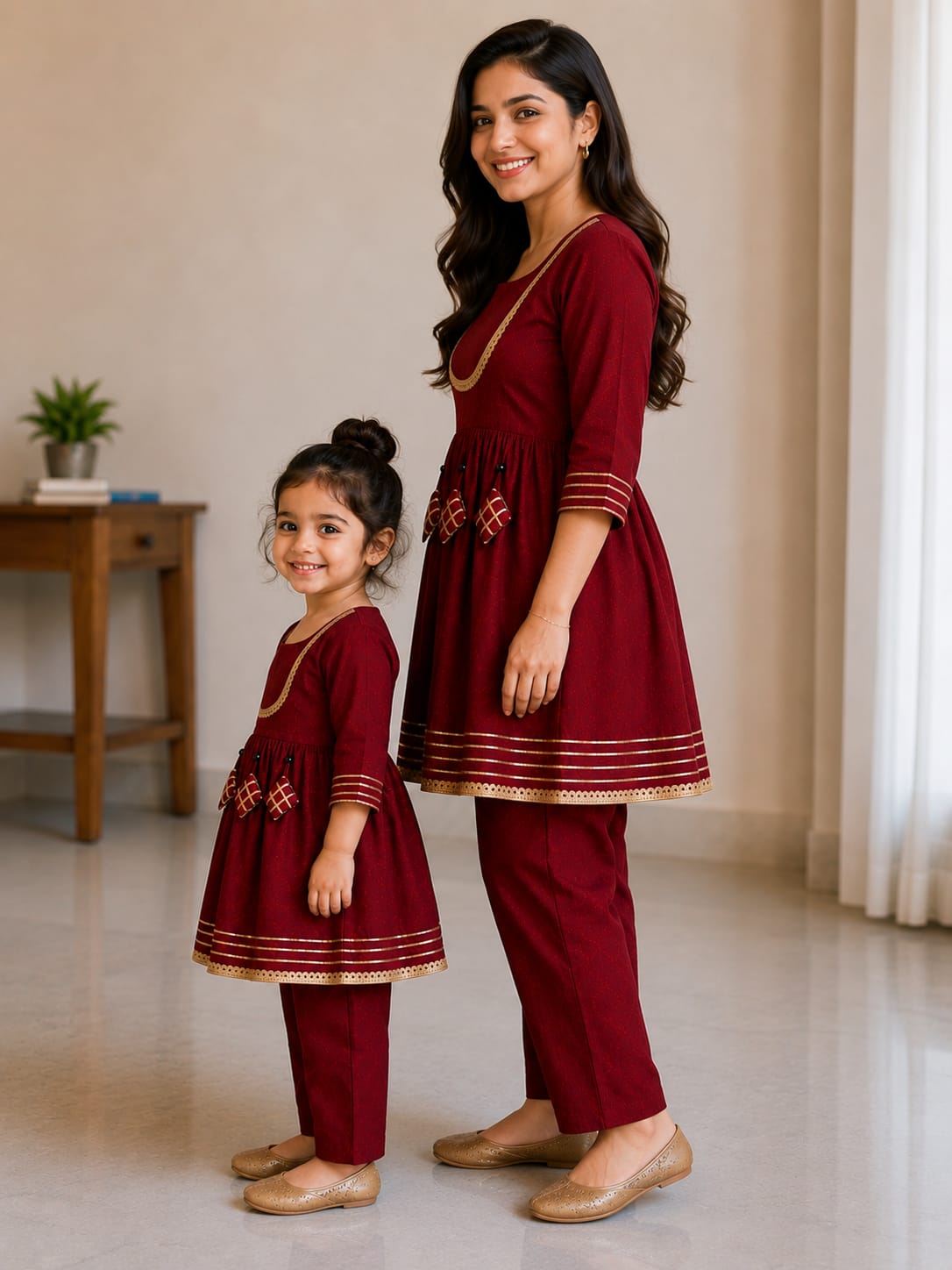 Mom & Daughter Maroon Rayon Embroidered Kurta Pant Set