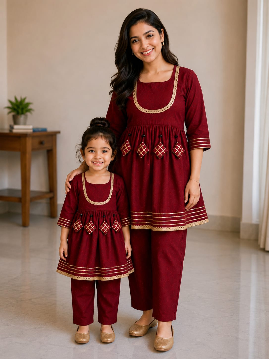 Mom & Daughter Maroon Rayon Embroidered Kurta Pant Set
