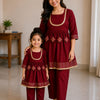 Mom & Daughter Maroon Rayon Embroidered Kurta Pant Set