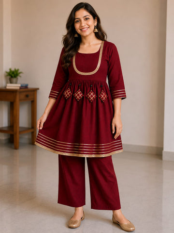 Women's Maroon Rayon Embroidered Kurta Pant Set