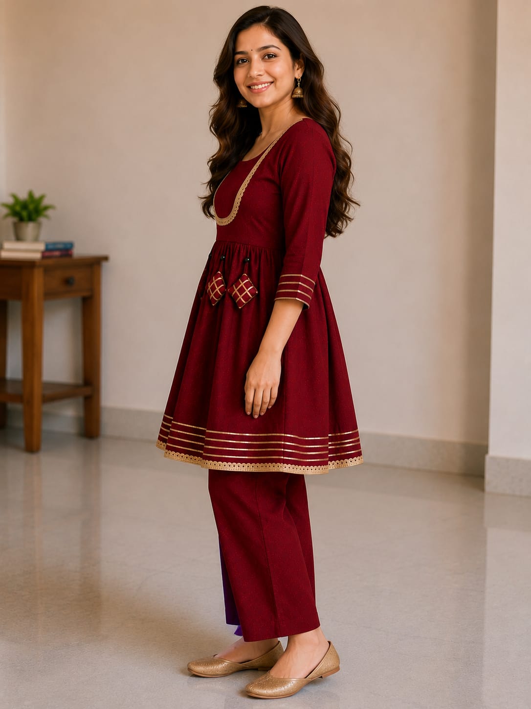 Women's Maroon Rayon Embroidered Kurta Pant Set