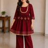 Women's Maroon Rayon Embroidered Kurta Pant Set