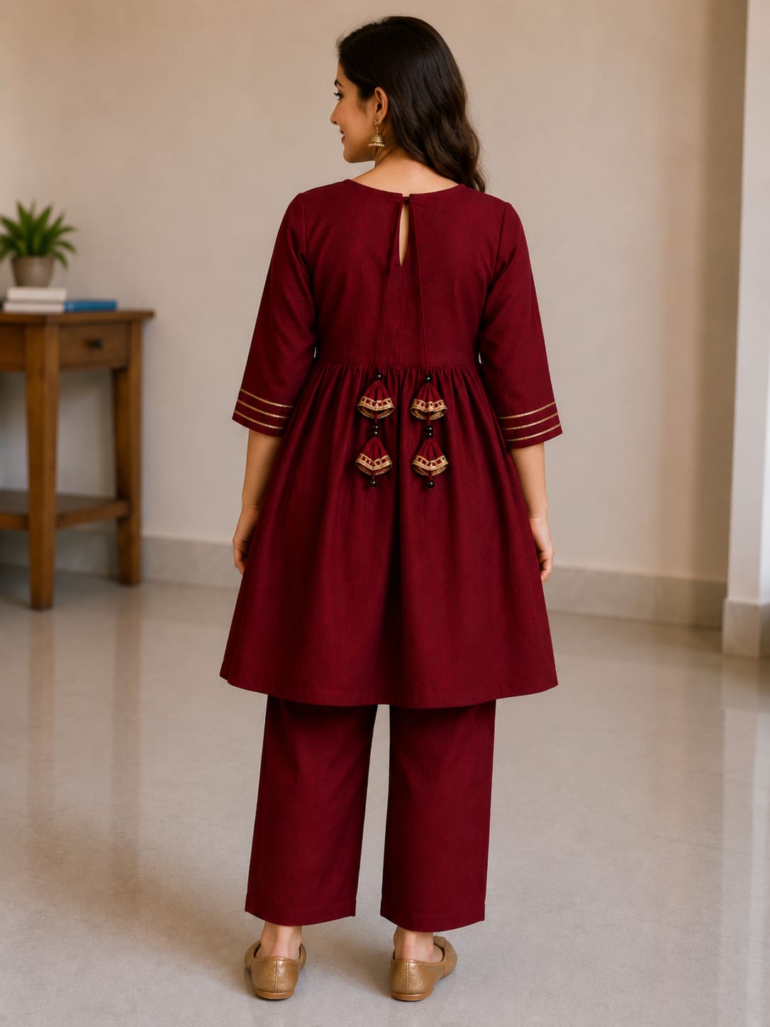 Women's Maroon Rayon Embroidered Kurta Pant Set