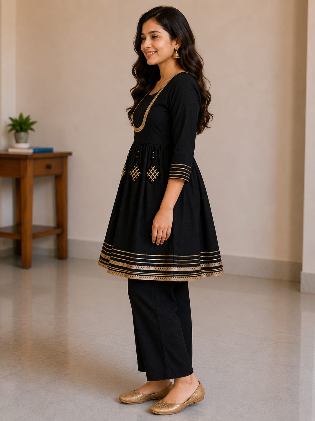 Women's Black Rayon Embroidered Kurta Pant Set
