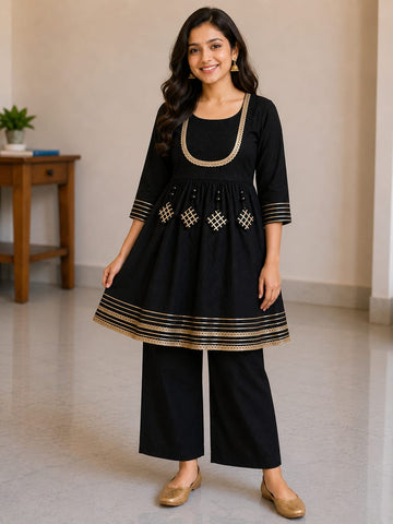 Women's Black Rayon Embroidered Kurta Pant Set