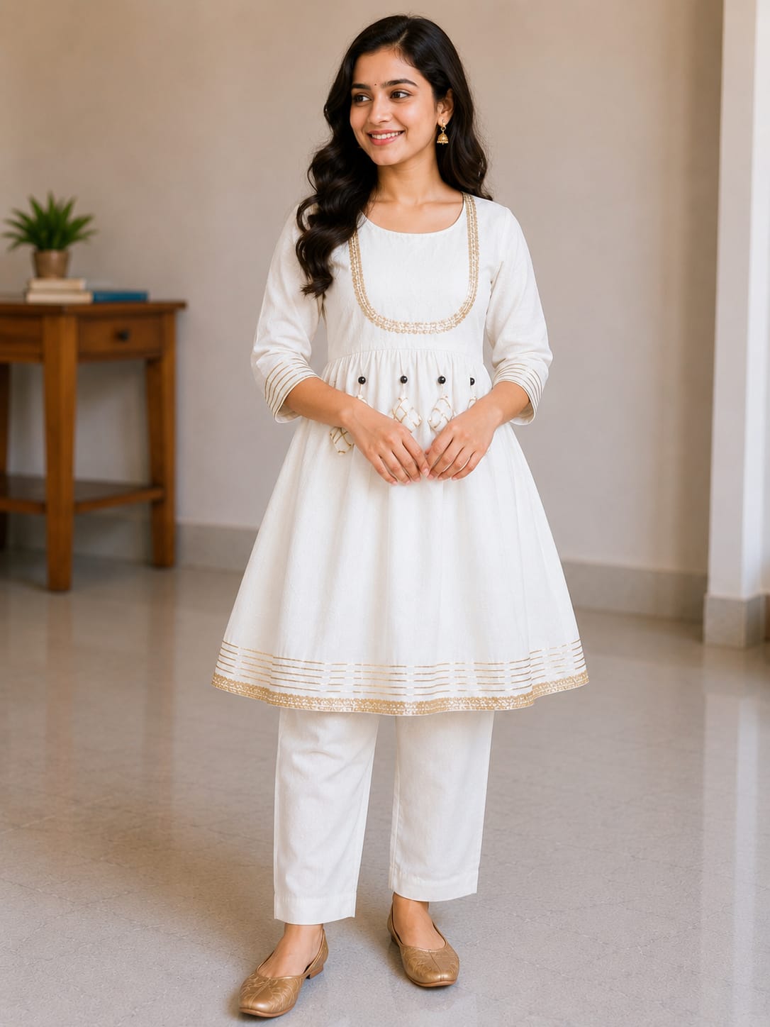 Women's White Rayon Embroidered Kurta Pant Set