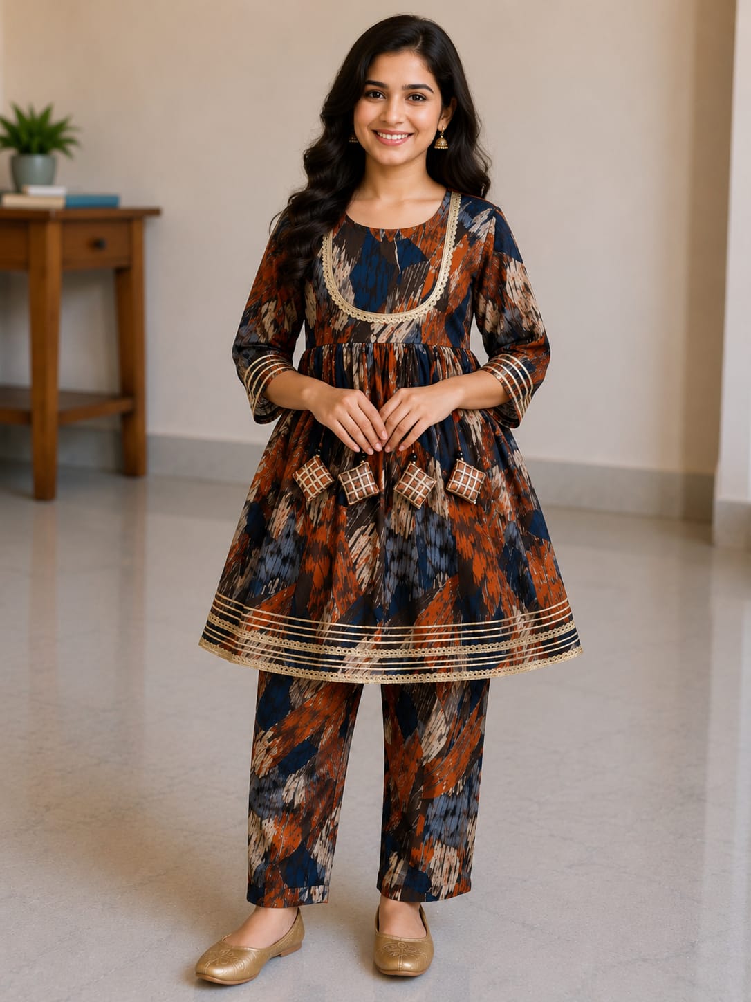 Women's Rust Brown Abstract Printed Kurta Pant Set