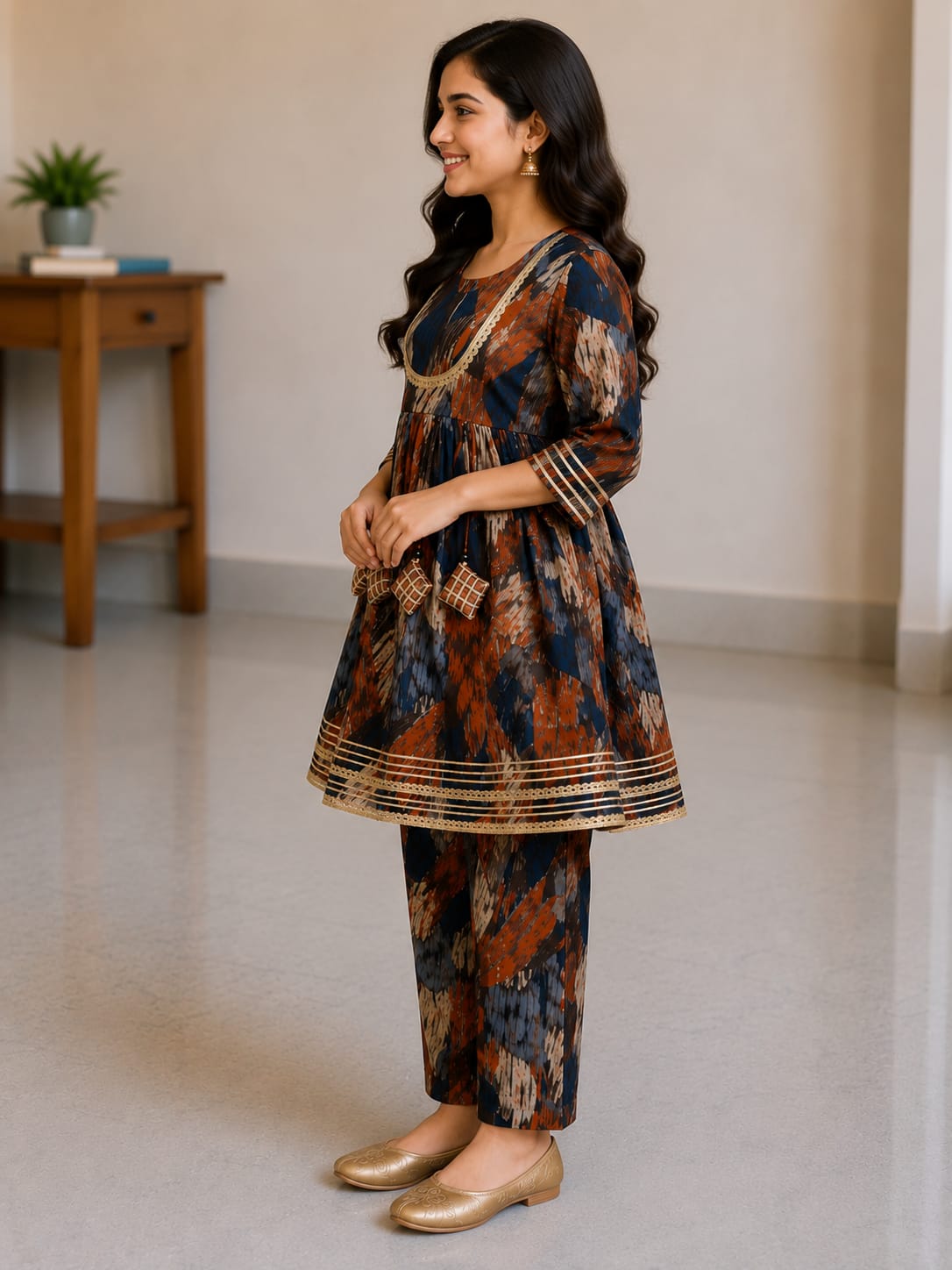 Women's Rust Brown Abstract Printed Kurta Pant Set
