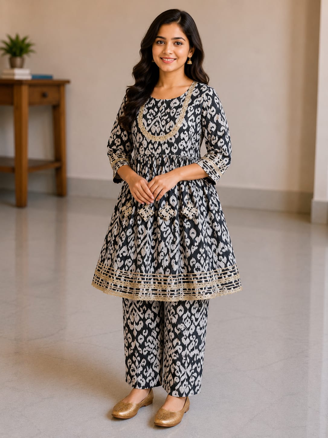 Women's Black & White Rayon Printed Kurta Pant Set