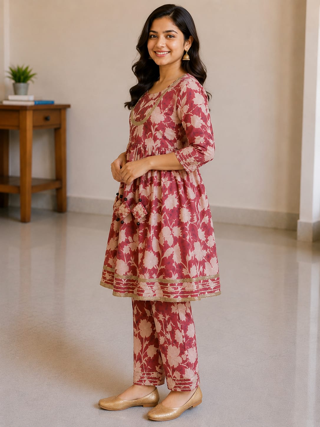 Women's Dusty Rose Rayon Printed Kurta Pant Set