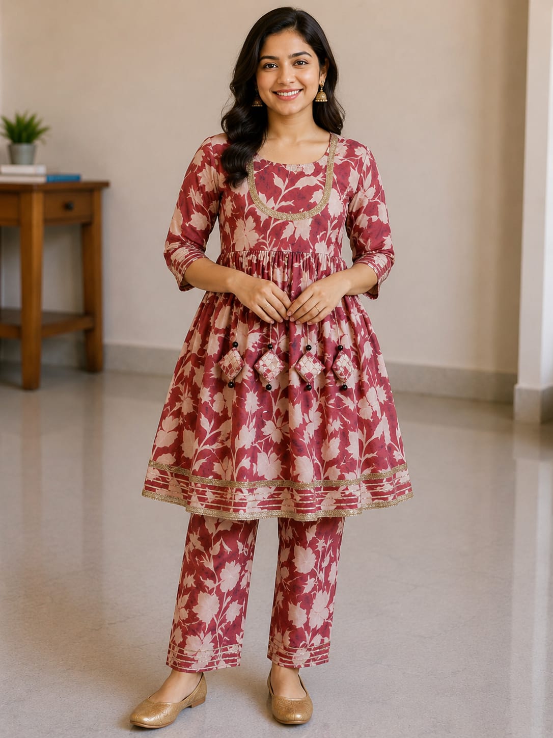 Women's Dusty Rose Rayon Printed Kurta Pant Set