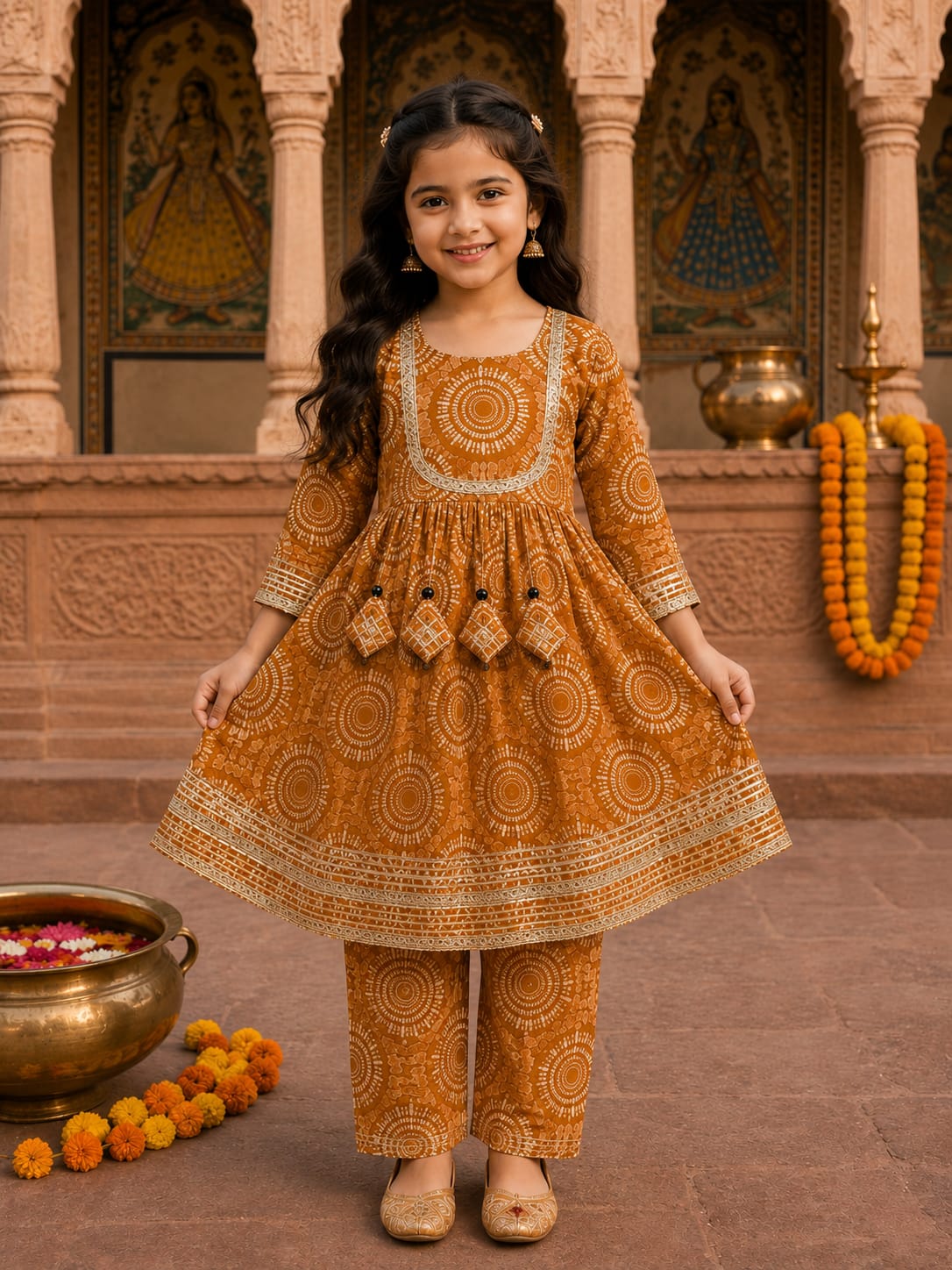 Baby Girl Mustard Mandala Printed Kurta Pant Set