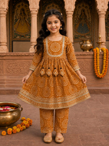 Baby Girl Mustard Mandala Printed Kurta Pant Set
