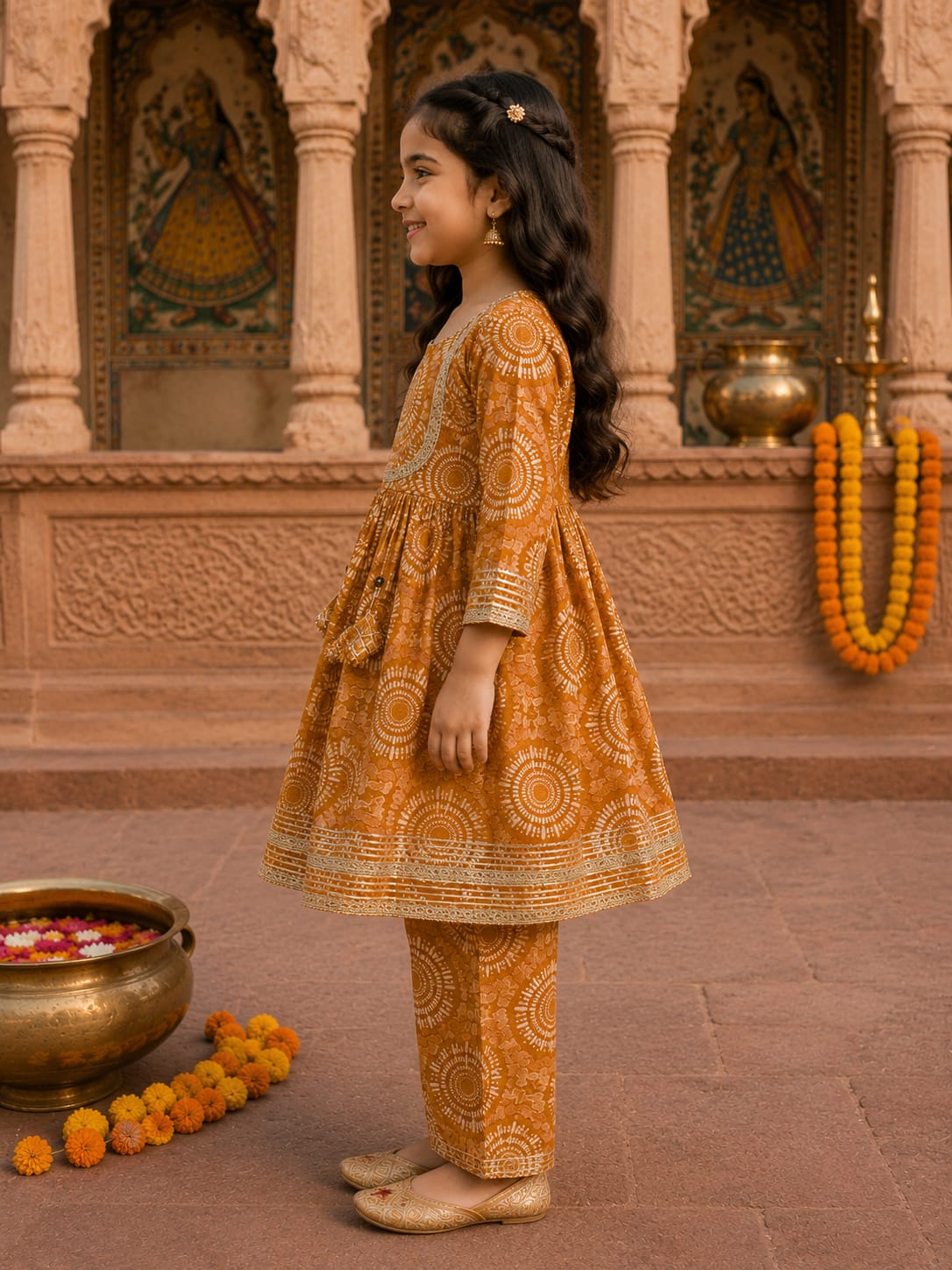 Baby Girl Mustard Mandala Printed Kurta Pant Set
