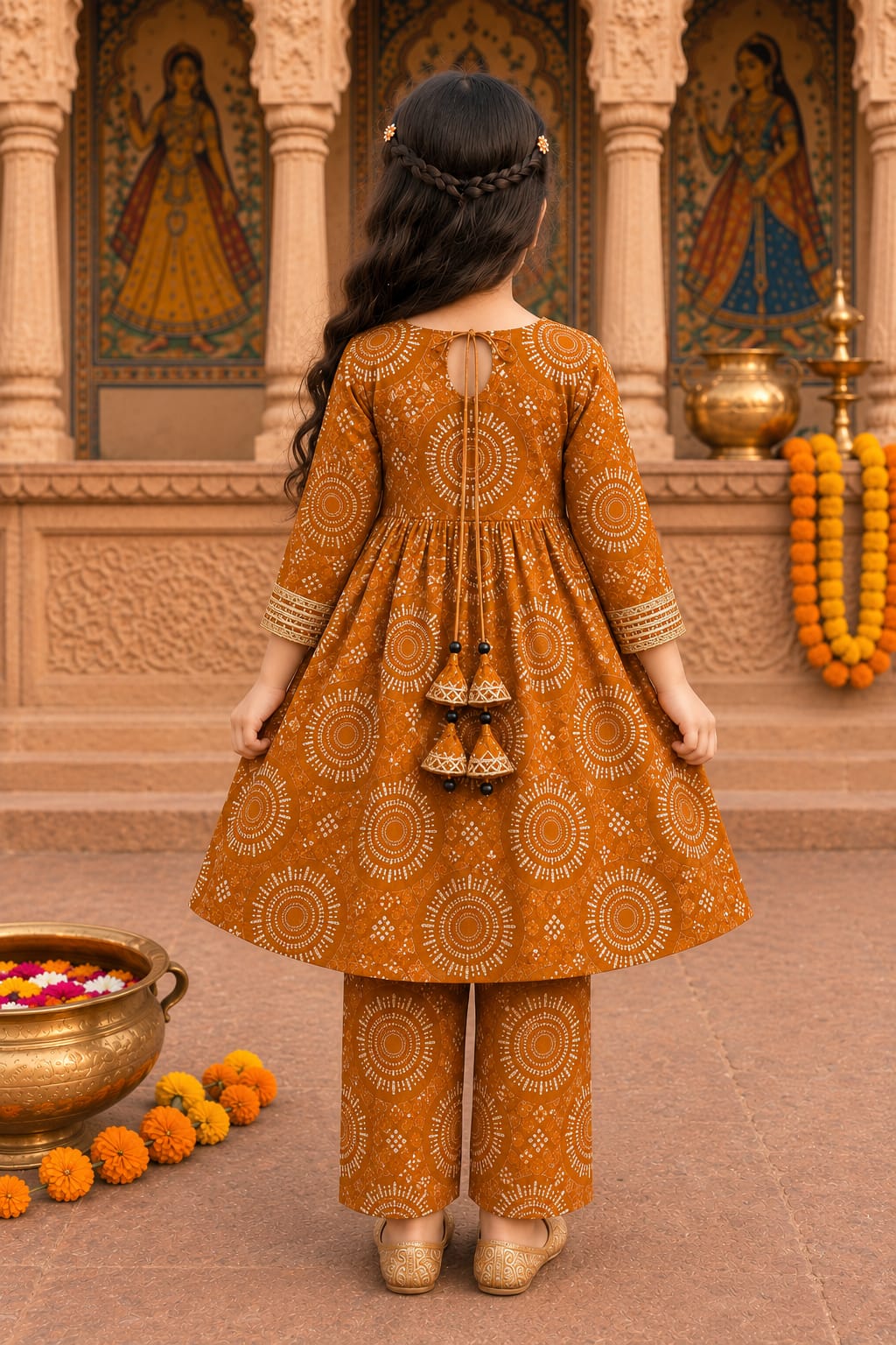 Baby Girl Mustard Mandala Printed Kurta Pant Set