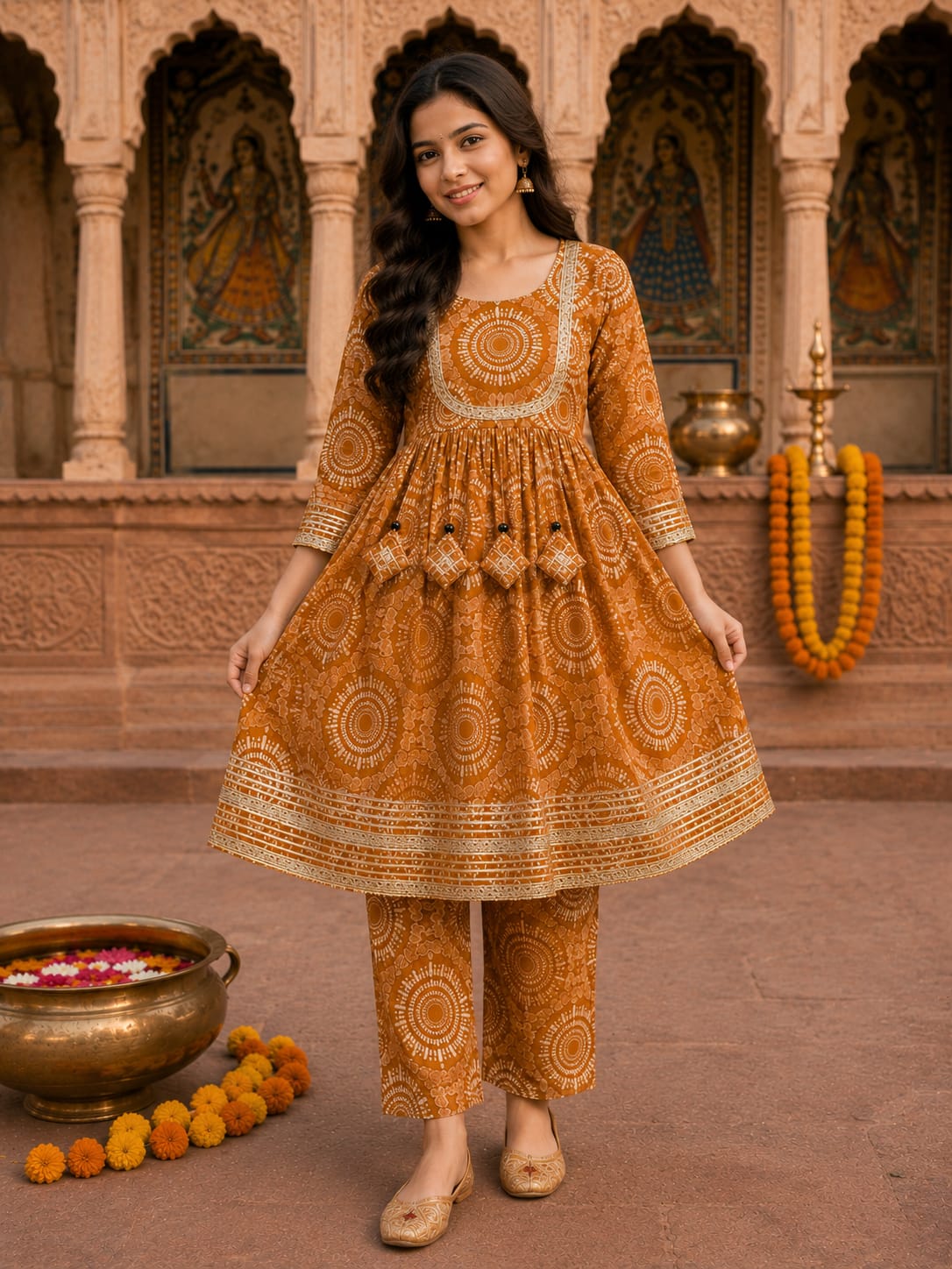 Women's Mustard Mandala Printed Kurta Pant Set