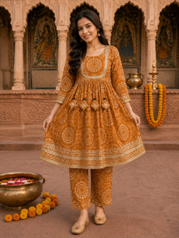 Women's Mustard Mandala Printed Kurta Pant Set