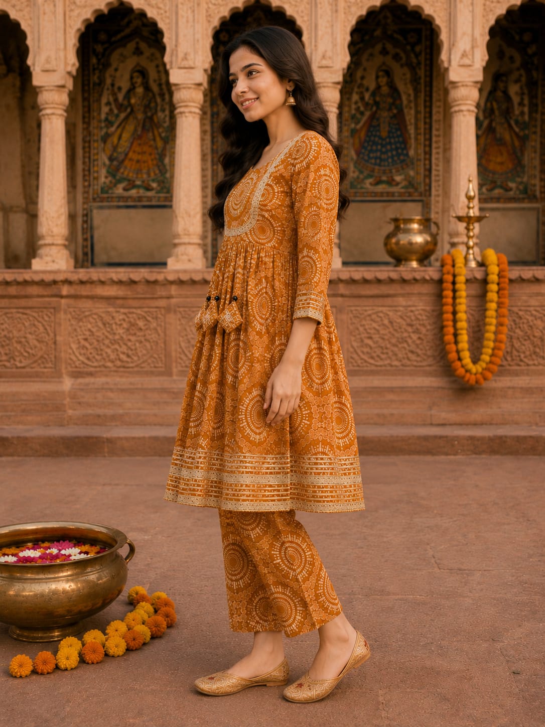 Women's Mustard Mandala Printed Kurta Pant Set