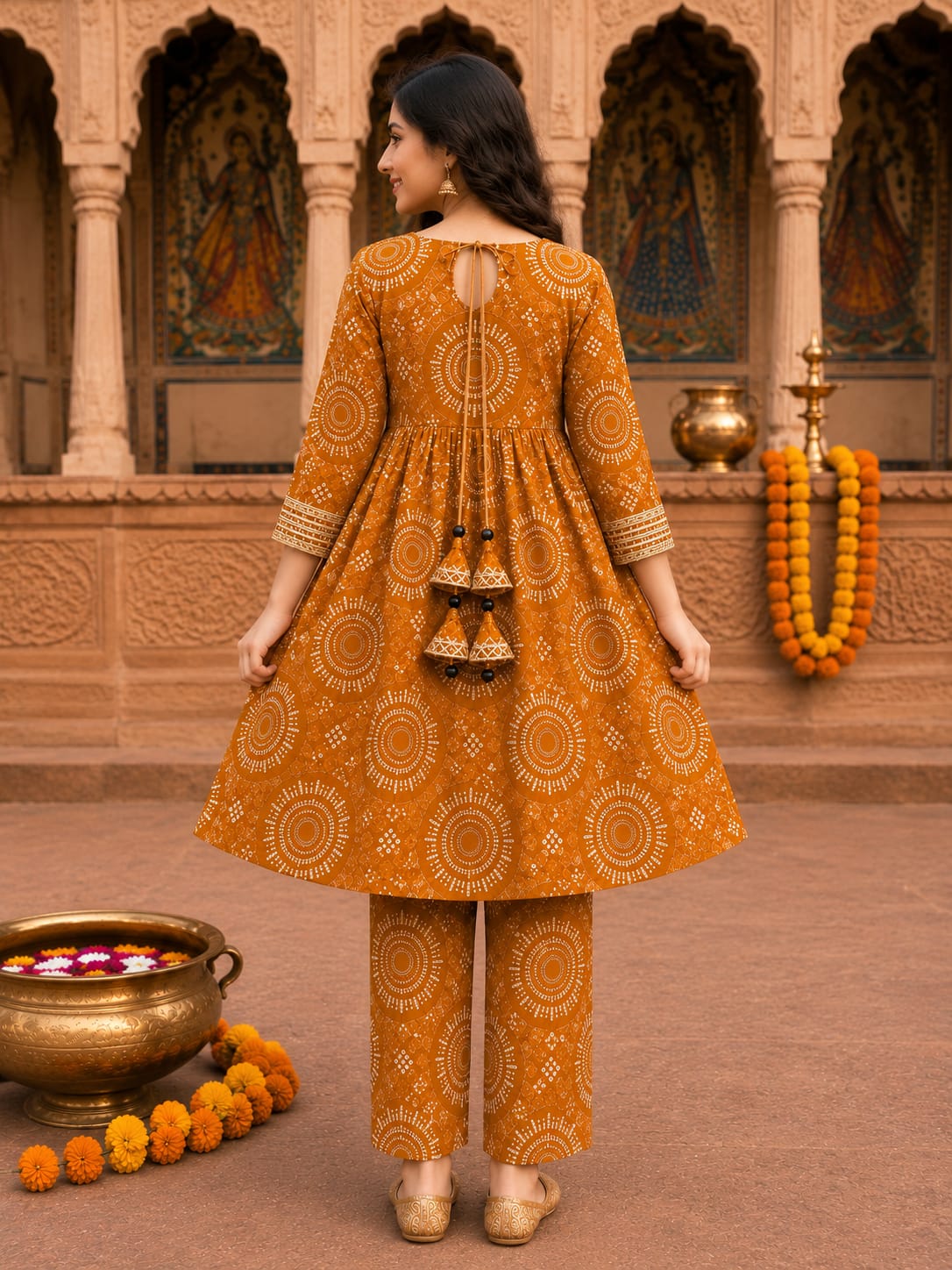 Women's Mustard Mandala Printed Kurta Pant Set